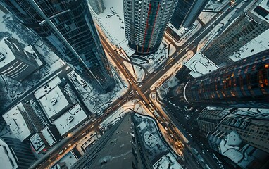 Winter crossroad poster. Aerial shot of lit city streets covered with snow. Top view perspective,...