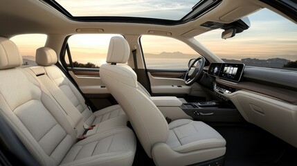An illustration of a family-friendly SUV interior designed for comfort and convenience, with plush seats, a panoramic sunroof, and a rear entertainment system.