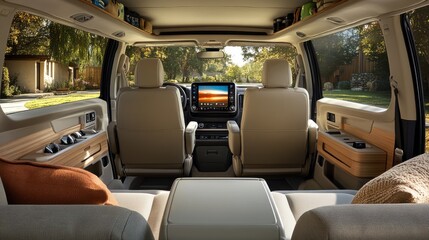 A family-oriented minivan interior emphasizing convenience and comfort, with spacious seating arrangements, multiple USB ports