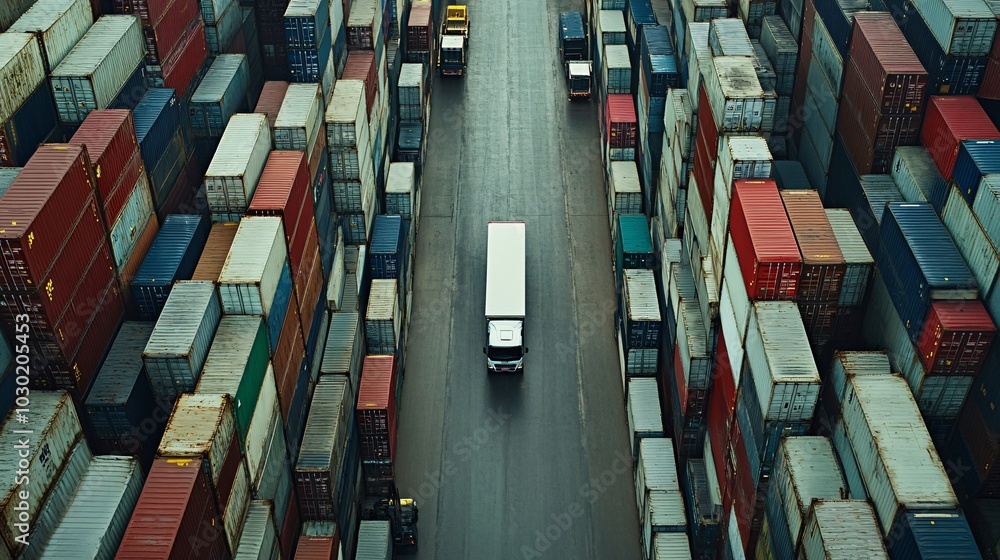 Aufkleber Overhead view of a truck navigating through a busy logistics terminal filled with containers Stock Photo with side copy space