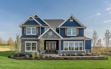 The exterior of a luxury home on a sunny day with green grass, blue skies, and trees in the background