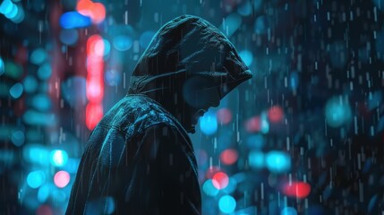 Man in hoodie standing under rain on background of night city.