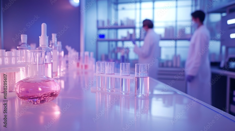 Poster two scientists in lab coats collaborate in a well-equipped laboratory filled with glassware and colo