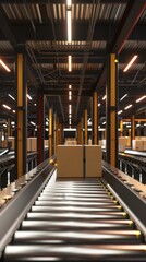 Fototapeta premium Conveyor belt transporting boxes in a warehouse, showcasing modern logistics operations.