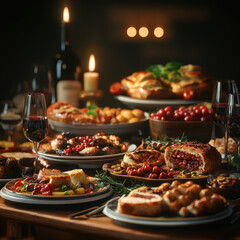 Lush Table Spread with Gourmet Dishes and Fine Wine