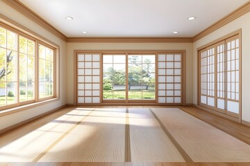 Serene Japanese-Inspired Room With Tatami Mats and Garden View