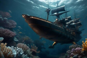 An underwater view featuring a sunken pirate ship surrounded by colorful marine life and coral formations.