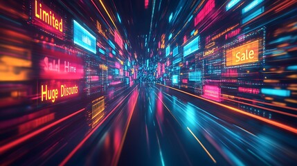 Fototapeta premium A digital composition of browser windows overlapping, each displaying “Limited Time Sale” and “Huge Discounts” text, glowing percentage symbols, neon colors like red, yellow, and blue,