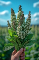 The bouquet of fresh fragrant mint in hands is placed against a blue sky background as a nature wallpaper. The mint is in bloom.