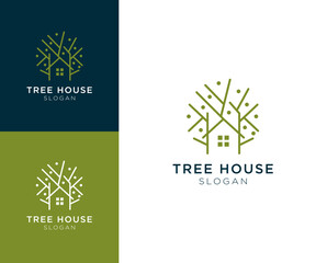 Treehouse logo.Tree with house vector logo design.