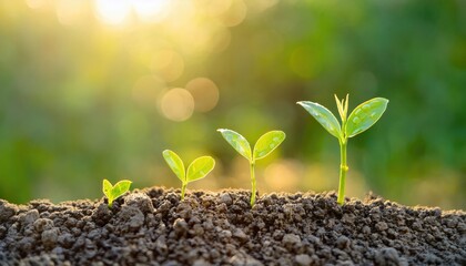 The Sapling are growing from the soil with sunlight and water drop on it, step growth after rain in natural background