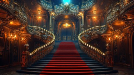 Obraz premium A grand, ornate staircase with a red carpet leading up to a large, open doorway in a lavishly decorated interior.