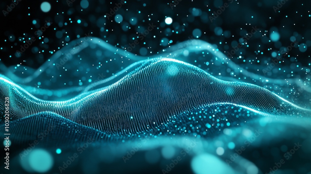 Poster big data visualization. analytical representation. wave of particles. 4k rendering.