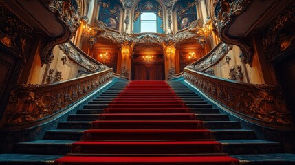 Obraz premium A grand staircase with a red carpet leading up to a large, ornate entrance.