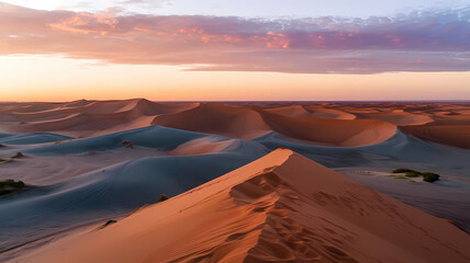Fototapeta premium Stunning desert landscape at sunset, showcasing rolling sand dunes under a colorful sky with subtle vegetation accents.