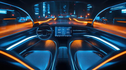A futuristic electric vehicle interior with minimalist design, large central touchscreen, and digital rearview mirrors. Seats use sustainable materials, with ambient blue lighting.