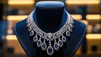 A stunning diamond necklace with large gems, beautifully displayed on a mannequin, symbolizing luxury and refinement, ideal for premium photography