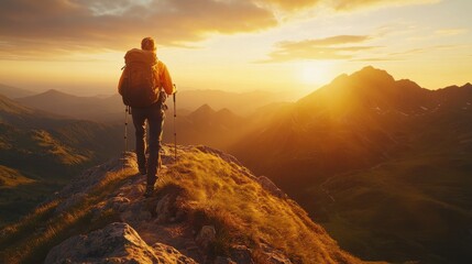 Obraz premium A hiker arrives at the top of a mountain at dusk, the scenery glowing with gold. A hiker triumphantly perched atop a mountain peak
