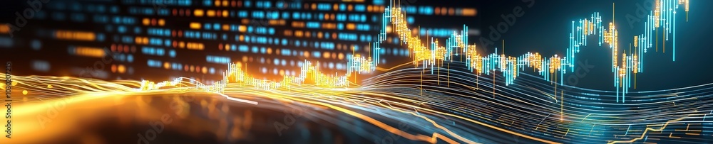 Poster flowing abstract graphs and lines converging to form a financial growth curve