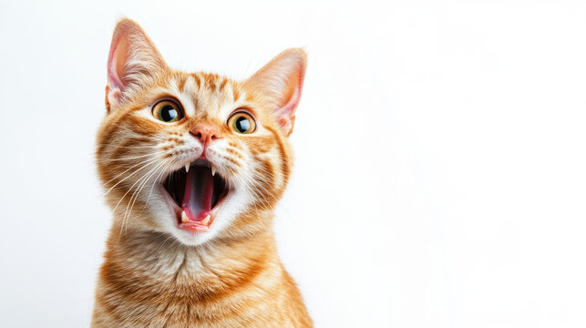 A photo of a funny red cat with an open mouth on a white background.