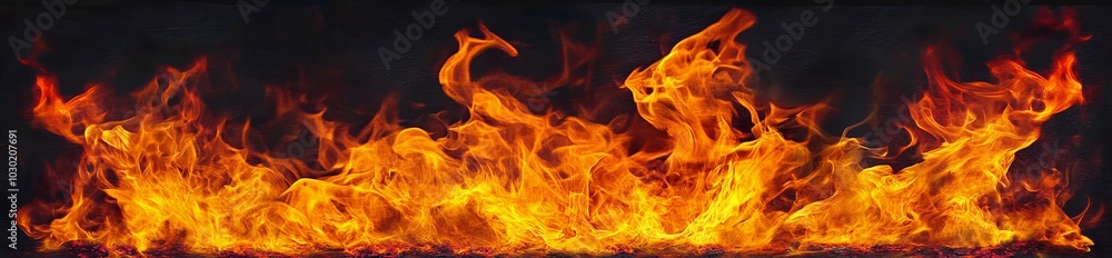 Poster fire - the line of flames created by excellent flames on a horizontal surface - an array of fiery el