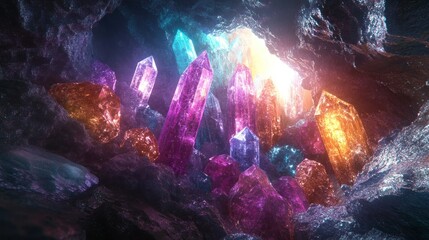 A vibrant collection of colorful crystals glowing within a dark cave.