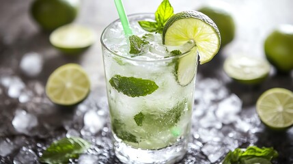 Fototapeta premium A refreshing mojito cocktail with mint, lime and ice.