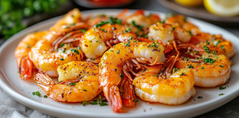 Spicy shrimp with garlic butter and green onions on a white platter