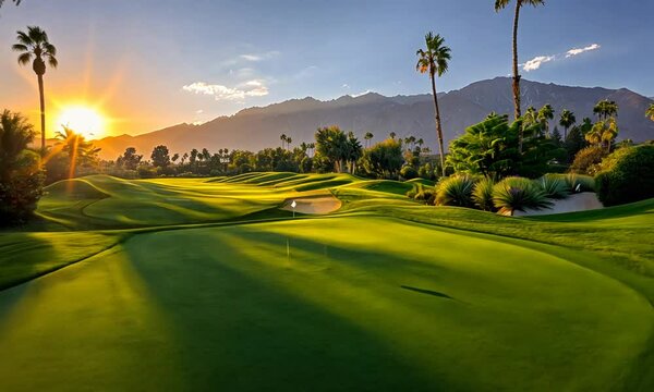 A scenic golf course at sunset with lush greenery and mountains in the background.