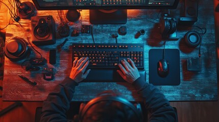 Obraz premium A person coding while surrounded by contemporary tech devices at their desk with an adaptive keyboard.