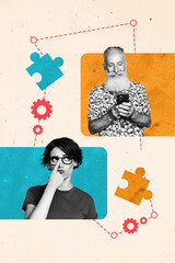 Trend artwork composite image photo collage of teamwork cogwheel project aged man young lady geek...