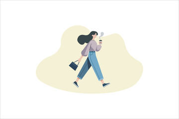 Businesswoman go to work side view, Busy woman walking, Business worker holds hot coffee paper cup. Flat isolated vector illustration.