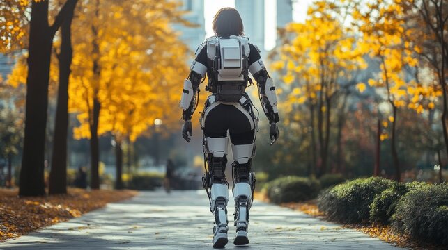 A robotic exoskeleton assisting a person with mobility challenges to walk through a modern city park.
