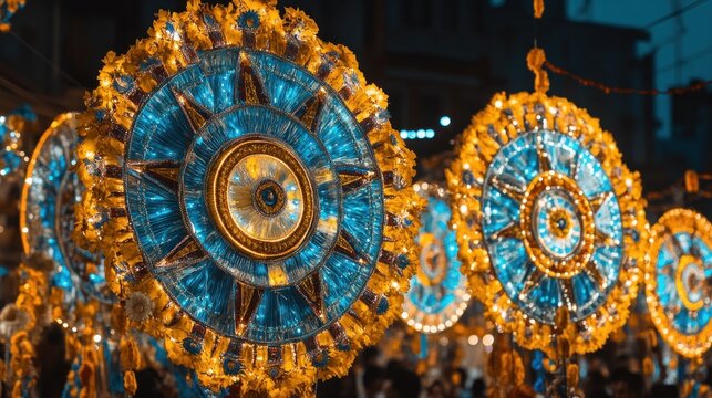 Illuminated Blue and Yellow Circular Decorations Hanging in the Night
