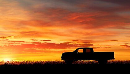 Silhouette of a pickup truck in the field at sunset