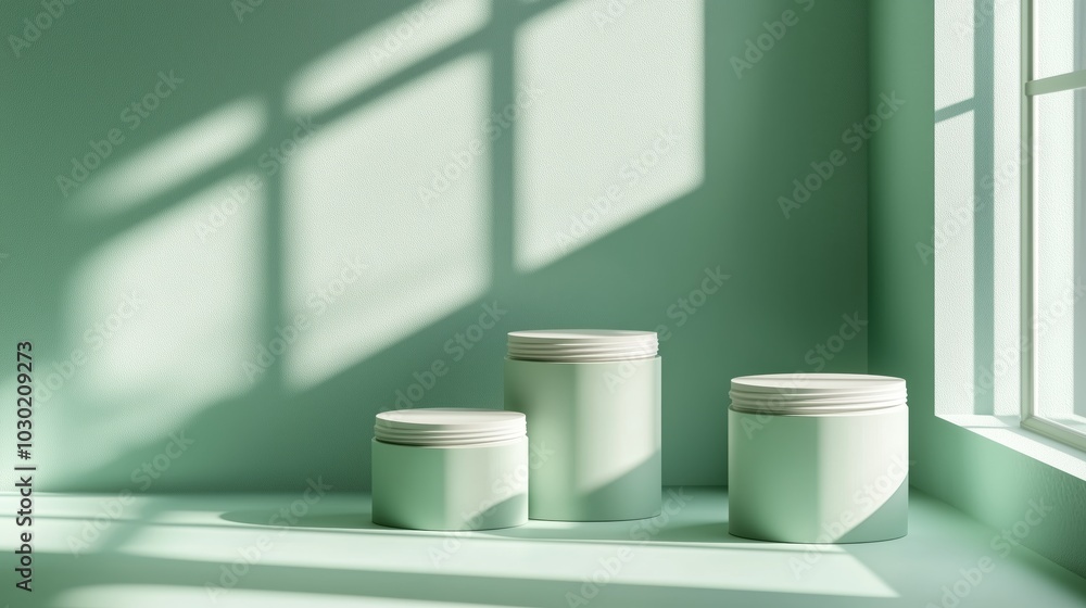 Aufkleber a minimalist background with three round podiums in shades of light green, creating an elegant and c