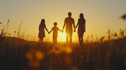An image of a happy family holding hands during sunset in a meadow.