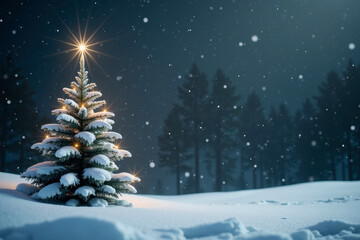 Obraz premium Christmas greeting card with New Year symbol and decoration. Xmas snow background with copy space. Festive mockup design with pine, star, trees and forest