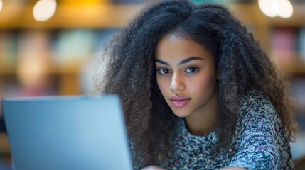 A brunette woman working or studying online while displaying beauty and fashion on her laptop, gazing at the screen with a kind expression