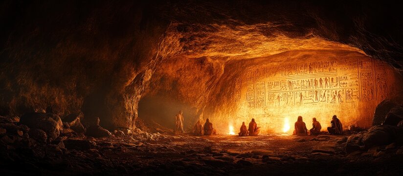 A group of people sitting around a fire in a dark cave lit by torches.
