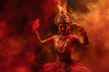 Fototapeta premium Dramatic portrait of a beautiful young Indian woman performing a traditional dance dressed as goddess Durga with colored smoke around her