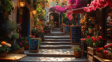 Fototapeta premium A charming cobblestone street lined with flowers and cafes in a European village.