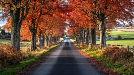 Naklejka premium A vibrant rural road lined with tall trees, their leaves turning bright shades of red and orange in the autumn, with a small village visible at the end of the path.