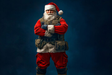 Strong Santa Claus wearing a tactical vest with lot of pockets and gloves is crossing his arms over blue background