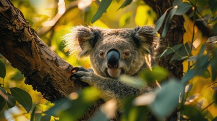 A curious koala resting amidst lush eucalyptus leaves in a natural setting during daylight