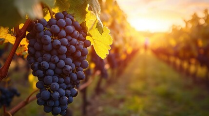 A vibrant rural vineyard in the early autumn, with rows of grapevines heavy with fruit, and workers harvesting the grapes under the soft light of a setting sun.