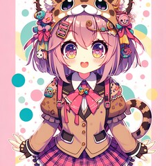 cute anime girl costume animal style cyberpunk school uniform psychedelic color vertical background.