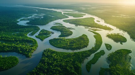 A river with a green bank. The water is clear and calm. There are trees on both sides of the river