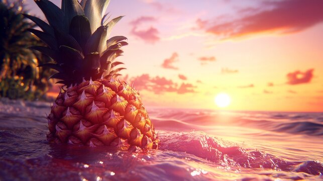 Golden Hour Bliss: Juicy Pineapple Melting into Tropical Sunset on Beach