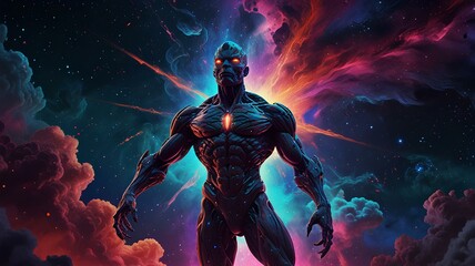 digital art of celestial beings creator and destroyer of worlds, psychedelic neon space nebula background.